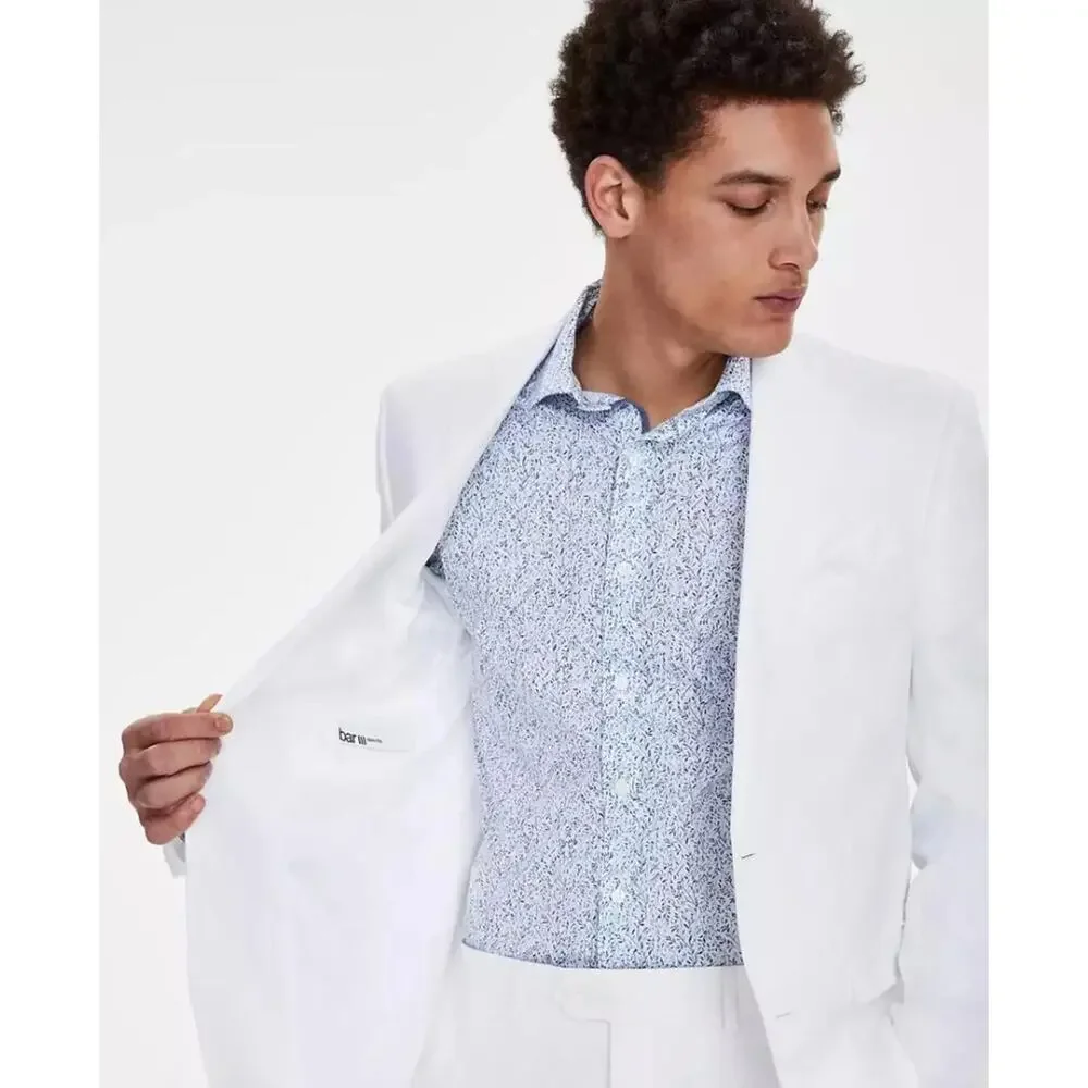 Bar III Men's White Textured Linen Summer Casual Slim-Fit Suit Jacket Size 38S